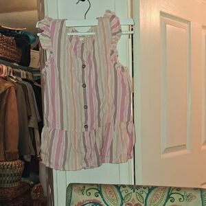 Cat & Jack Pink, Cream & Light Green Striped Ruffle Button-Front Top